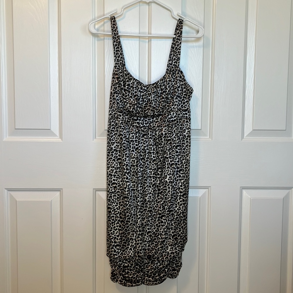 Leopard print dress w/ spaghetti straps, empire waist, silk texture, size 0x